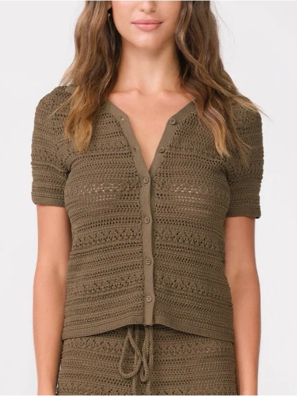 PQ Swim Anthropologie NWT Crochet Short Sleeve Sweater Olive Medium Large